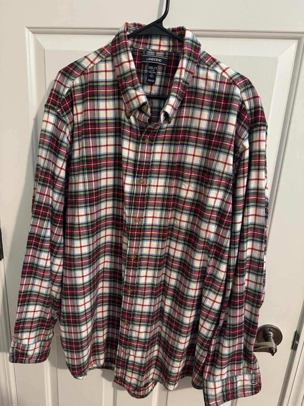 Lands' End Men's Long Sleeve Plaid Flannel Shirt Red Green White 2XLT 18-18 1/2